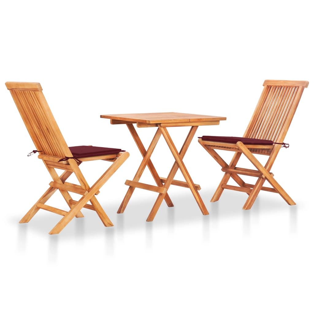 The Living Store 3-tlg. Bistroset mit Weinroten Kissen Massivholz Teak