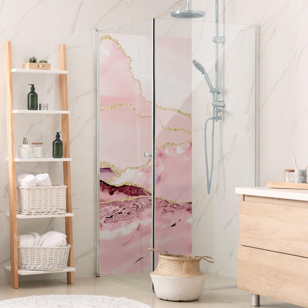 Duschrückwand mit Motiv selbstklebend - 0.61 mm Wandpaneel wasserfest Design rosa Marmoroptik Abstrakt Badrückwand fugenlos Premium matt 100x190 cm