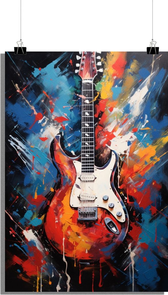 Gitarrenposter - Musikposter - Abstraktes Poster - Aquarell Poster - Farbenfrohes Kunstposter - 61x91cm - Perfekt zum Einrahmen