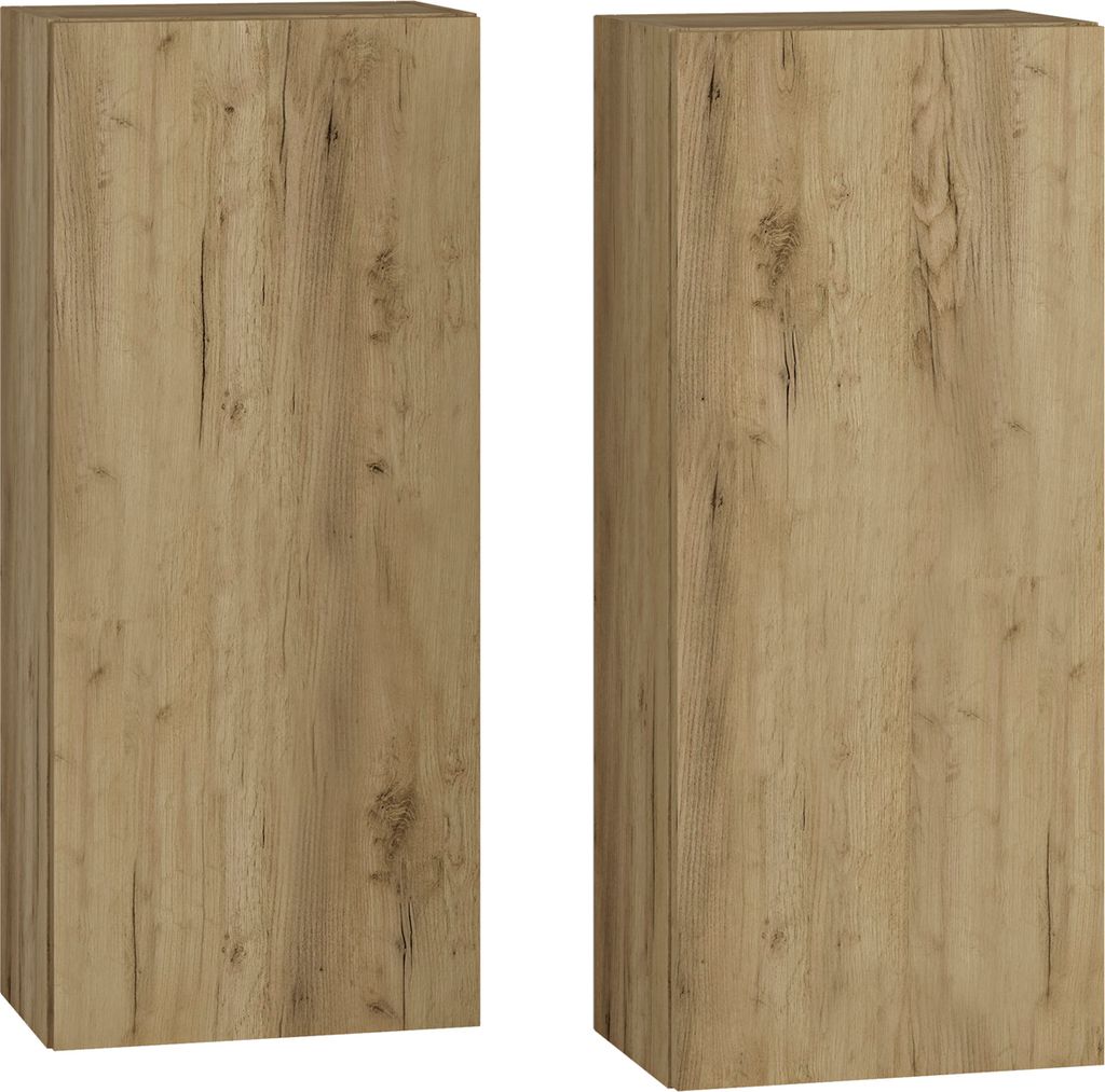 Two tall, rectangular cabinets with a wood grain texture are shown side-by-side against a white background.