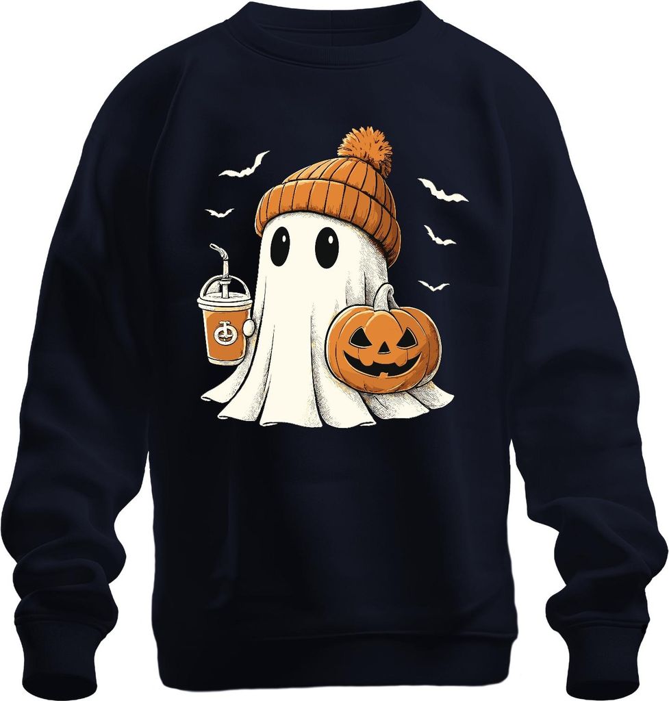 Geist Kürbis Halloween niedlich Beanie Kaffee Herbst süß gruselig Uni Sweatshirt Pullover, Navy, XL