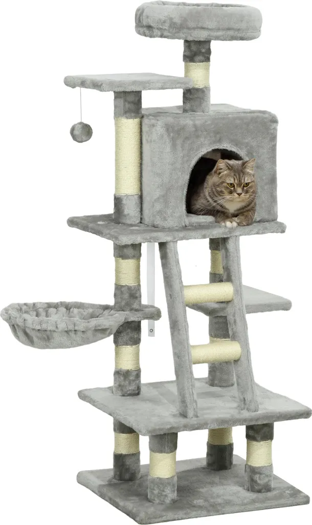 Arbre à chats multi-activités avec 2 niches et griffoirs en sisal gris