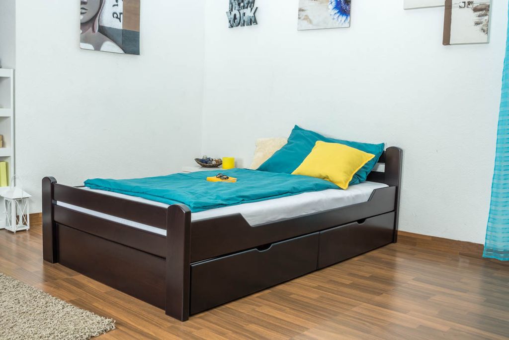 Einzelbett / Gästebett "Easy Premium Line" K4 inkl. 2 Schubladen und 1 Abdeckblende, 120 x 200 cm Buche Vollholz massiv Schokobraun