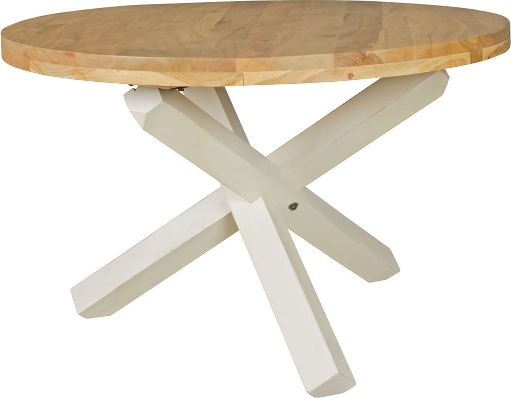 Esstisch "Teko": Massivholz Rund, 120 cm Durchmesser, Akazie Holz, Kreuzbeine, Handgefertigt. Beige, 120x120x75 cm | Kadima Design