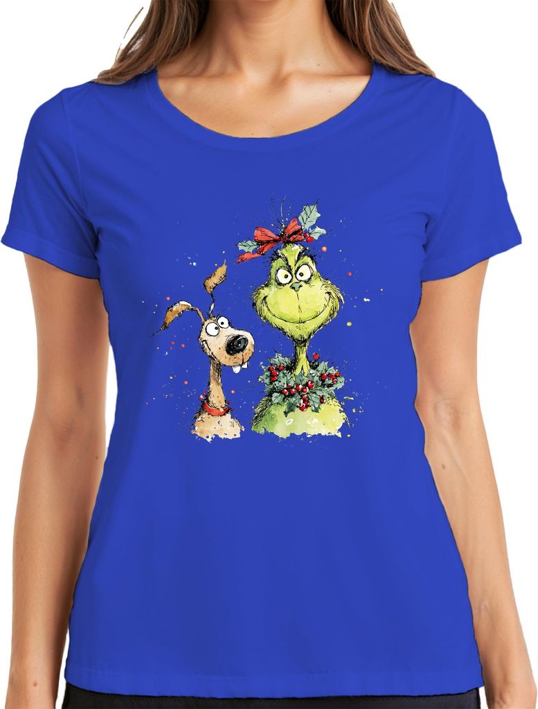 Grinch Weihnachtskranz Schleife mit Hund lustig Weihnachten Damen T-Shirt, Blau, S