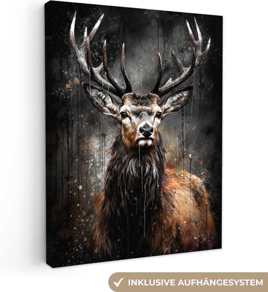 MuchoWow - Leinwandbilder - Hirsch - Schwarz - Tier - Hirschkopf, Wandbild, Wanddeko Bilder Wohnzimmer, 30x40 cm