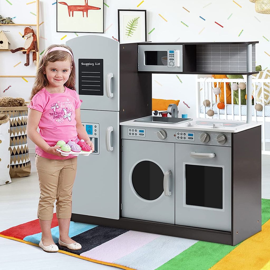 GOPLUS Kinderküche Set, Holzspielküche mit Spüle Wasserhahn, Spielzeugküche mit Klickgeräuschen, Kühlschränke