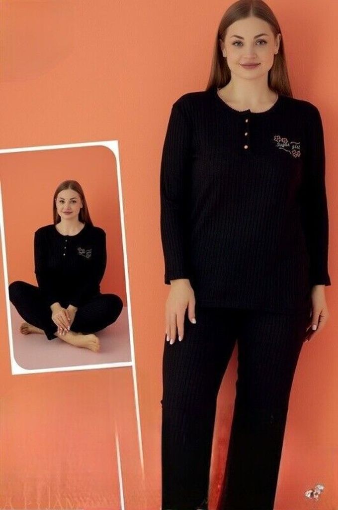 Damen Pyjama Schlafanzug Schwarz L Warm Baumwolle 2-Teiler Set Winter A-84