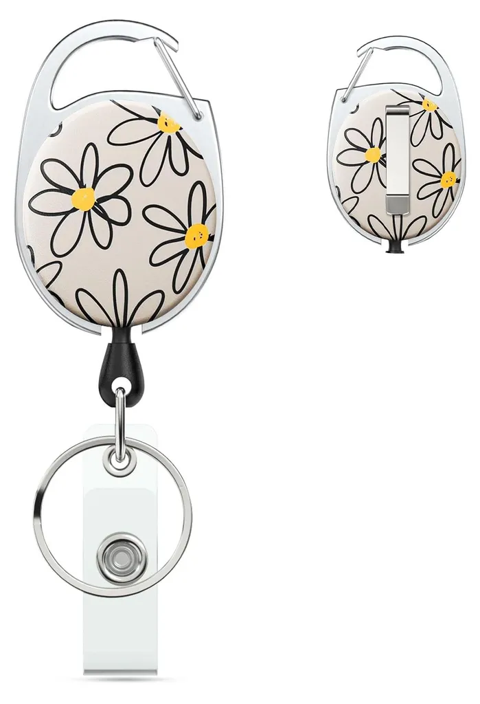 Clip rétractable porte-carte avec mousqueton et décor fleur blanche