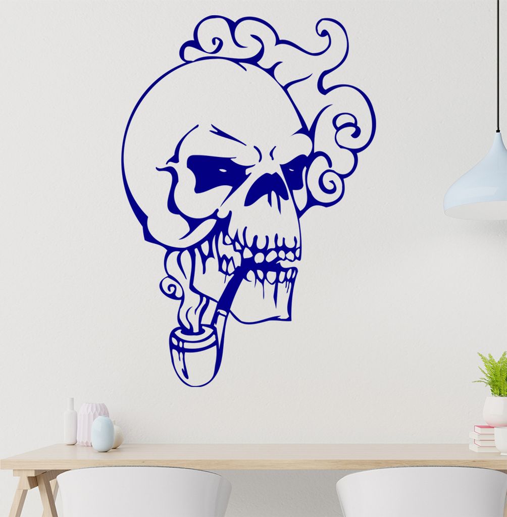Schädel Pfeife Wandtattoo in 6 Größen - Wandaufkleber Wall Sticker - Dekoration, Küche, Wohnzimmer, Schlafzimmer, Badezimmer