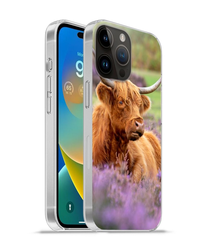 MuchoWow Handyhülle Schutzhülle Hülle für Apple iPhone 14 Pro Max Schottischer Highlander - Braun - Büsche Silikon Softcase Handy Hülle - H...