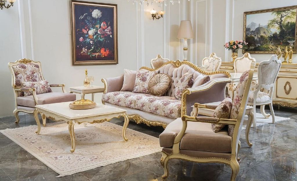Casa Padrino Luxus Barock Wohnzimmer Set Rosa / Weiß / Gold - 2 Barock Sofas & 2 Barock Sessel & 1 Barock Couchtisch - Wohnzimmer Möbel im Barock...