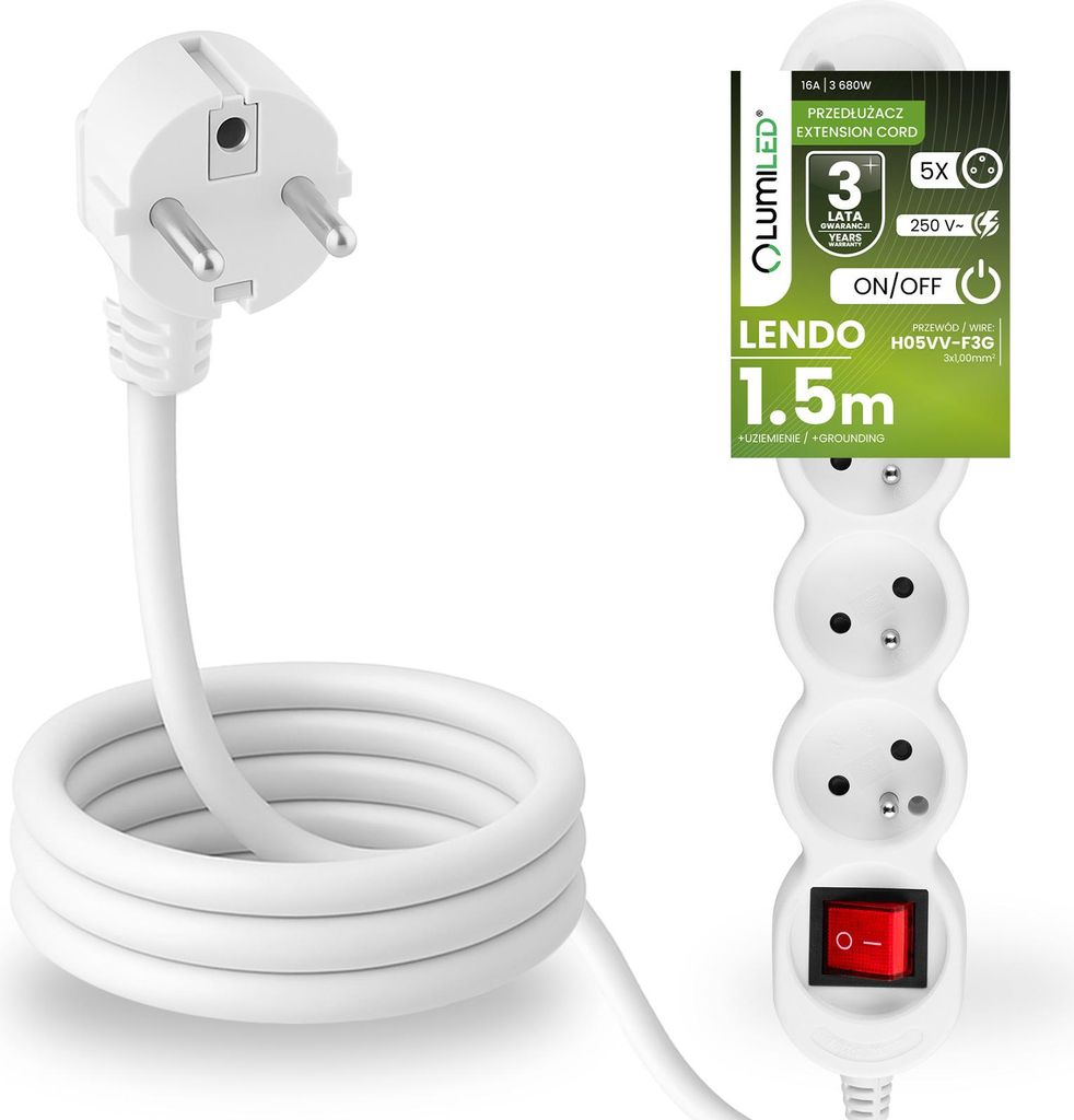 LUMILED Steckdosenleiste mit ON/OFF Schalter5-Fach Steckdose Typ E, 1,5m Kabel H05VV-F3G, Weiß, Mehrfachsteckdose E Stecker 16A 3680W 250V IP20 Ha...