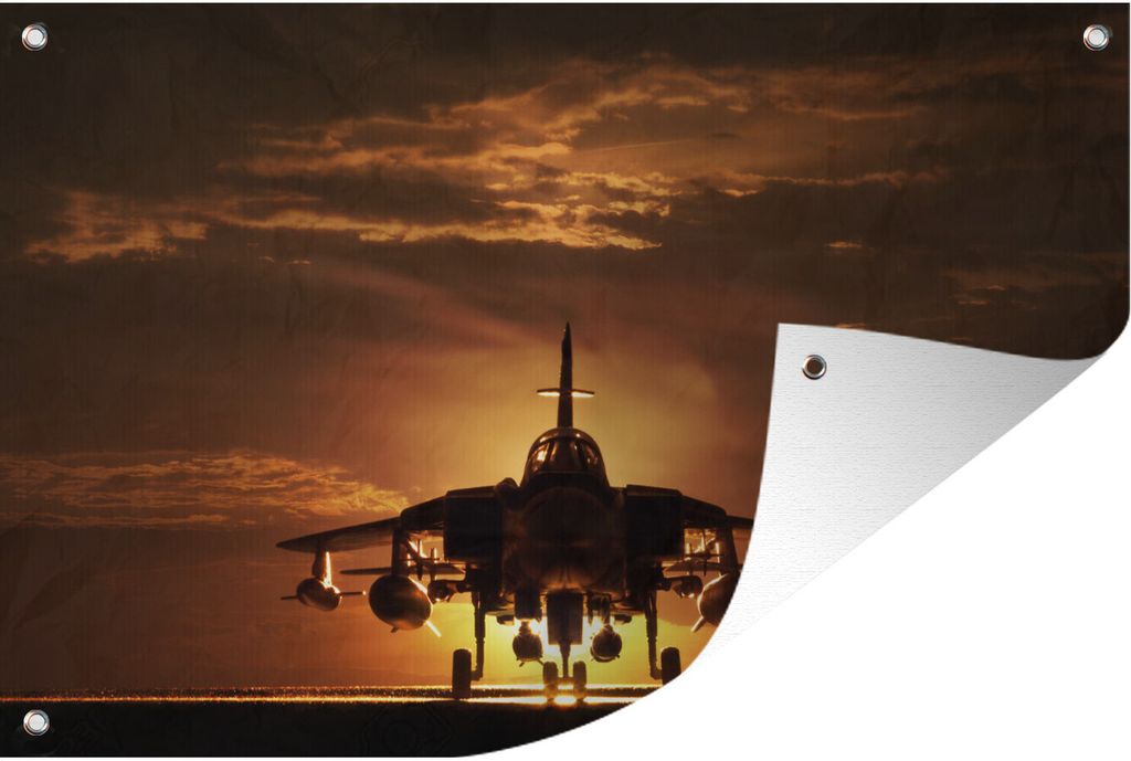 MuchoWow 90x60 cm Outdoor-Poster Gartendeko Sichtschutz Garten Poster für den Garten Die Silhouette eines Kampfjets bei Sonnenuntergang