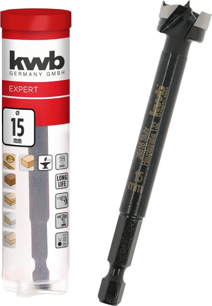 kwb Forstnerbohrer, Ø 15 mm, Topfbohrer (für Holz, geschmiedeter Bohrkopf, Spezialanschliff, schnelle, ausrissfreie Bohrlöcher, 4-seitig geschli...