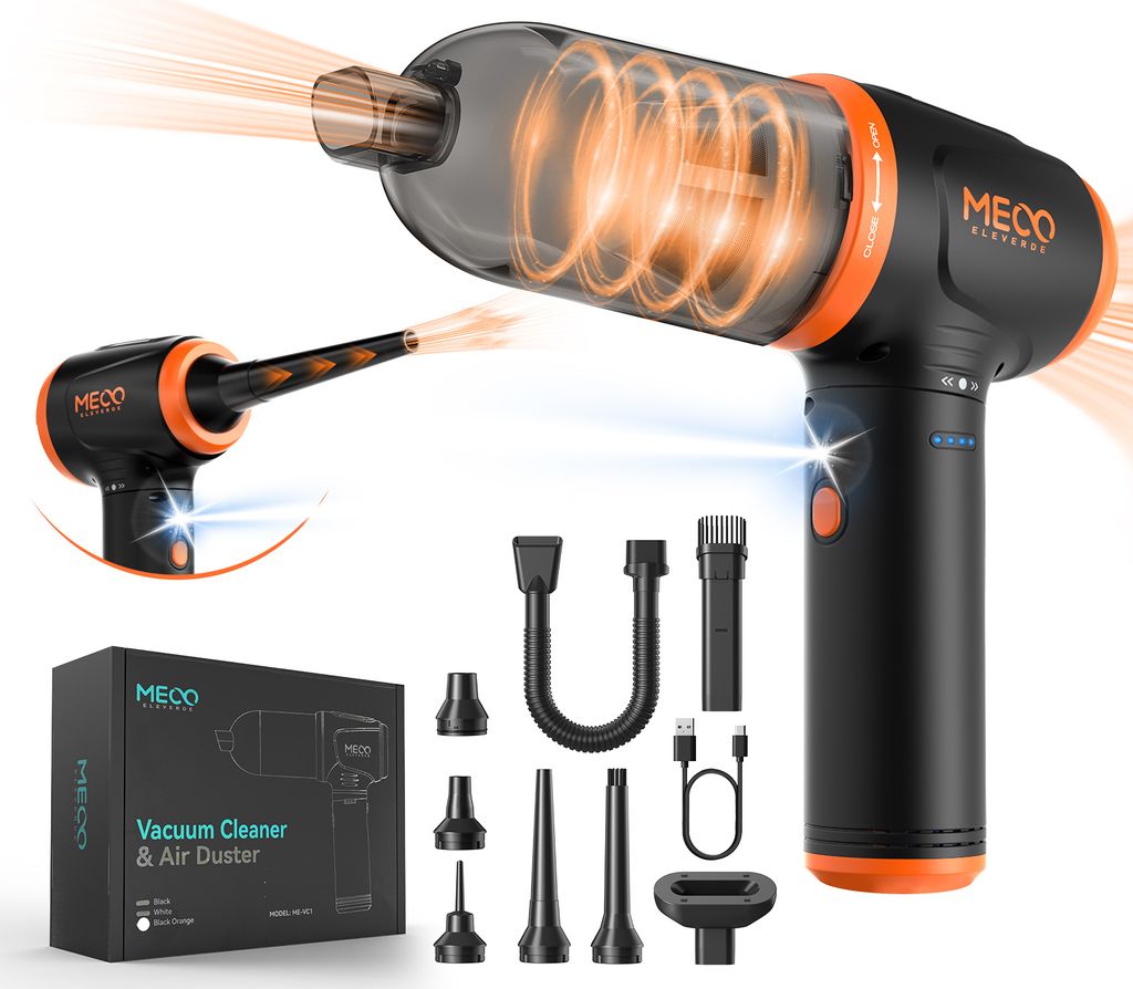 MECO ELEVERDE 4 in 1 Staubgebläse Druckluf, 3-Gang 110000U/ Air Duster, 16000pa Staubsauger, 2 Stunden Schnellladung, mit Düsen, Orange