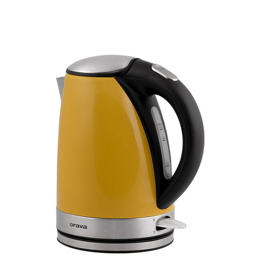 A yellow electric kettle with a black handle and silver accents, shown against a white background.