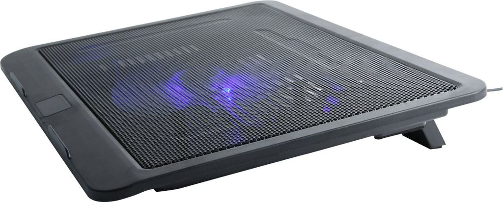 A black laptop cooling pad with blue LED lights is shown on a white background.