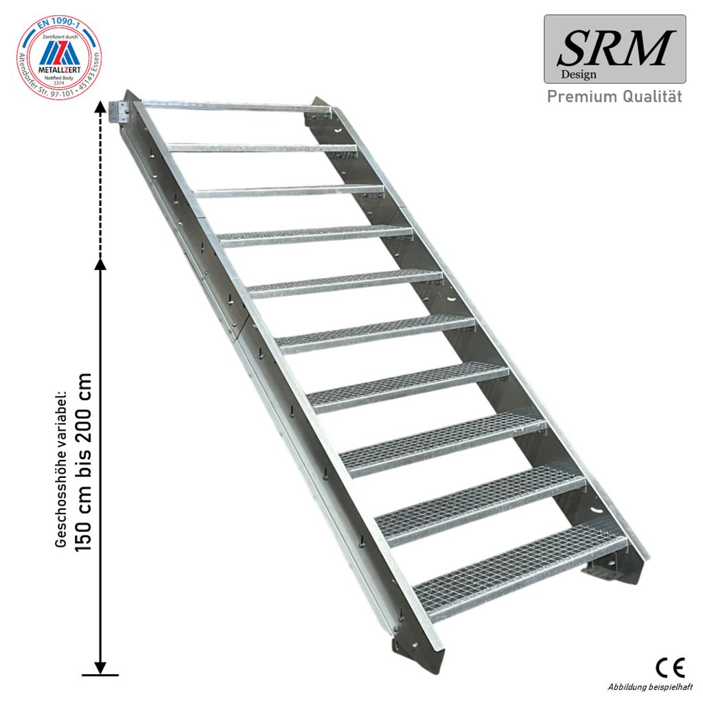 10 Stufen Stahltreppe Breite 150 cm Geschosshöhe 150-200cm inkl. Zubehör