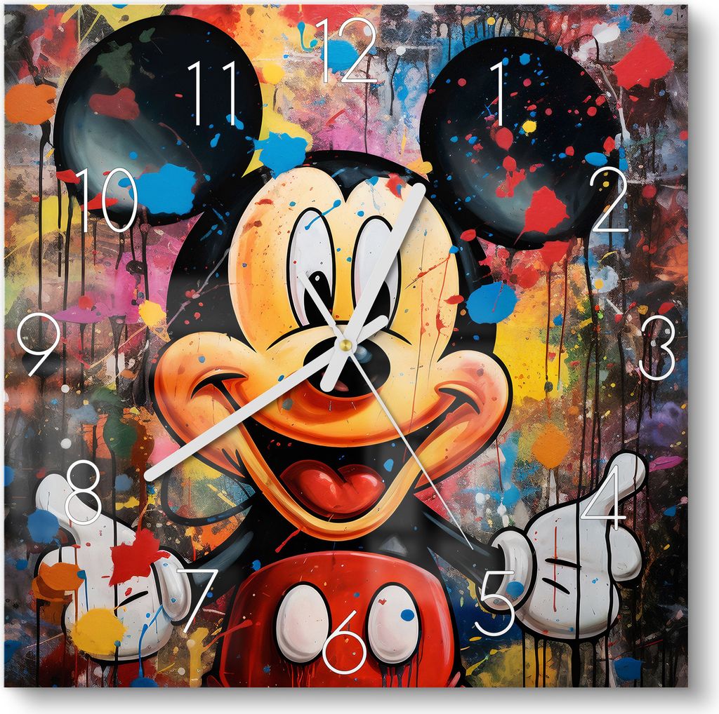 DEQOART Glasuhr 30x30 cm Zahlen 'Mickey im Farbenzauber' Produktbild 