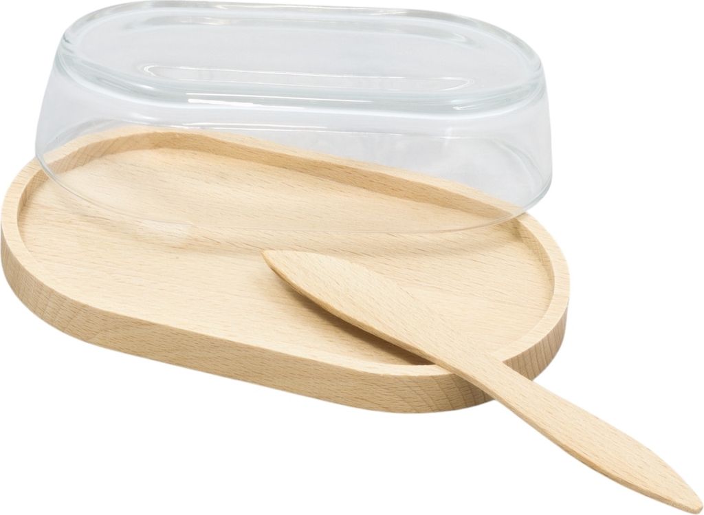 Holz-Butterdose Mit Glaseinsatz Butterbehälter Mit Messer Produktbild 