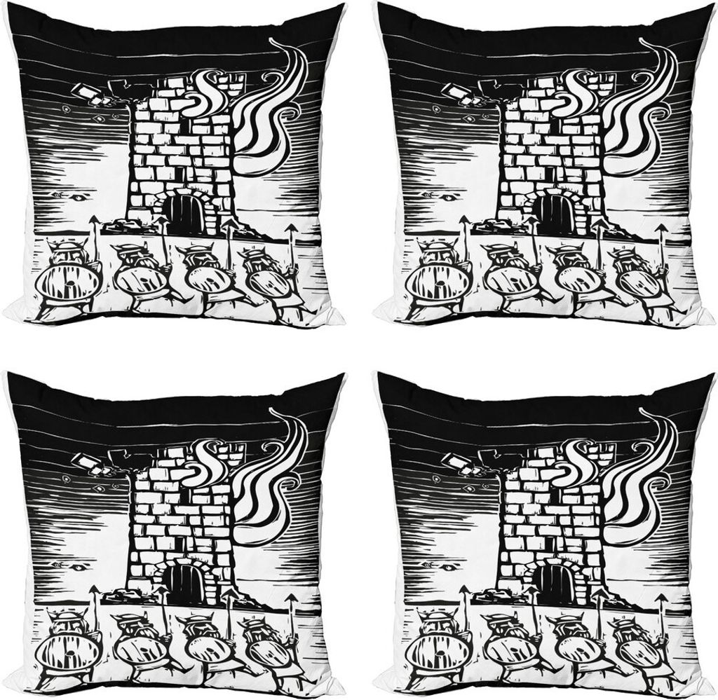 ABAKUHAUS Schloss Kissenbezug Set (4 Stück), Holzschnitt-Art Viking-Turm, Moderner Doppelseitiger Digitaldruck, 40 cm x 40 cm, Charcoal Grau Weiß