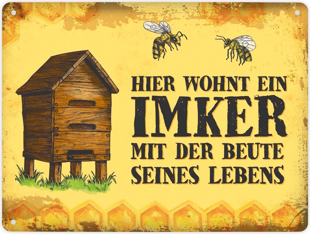 Metallschild XL mit Beute Motiv und Spruch: Hier wohnt ein Imker mit ... Schild