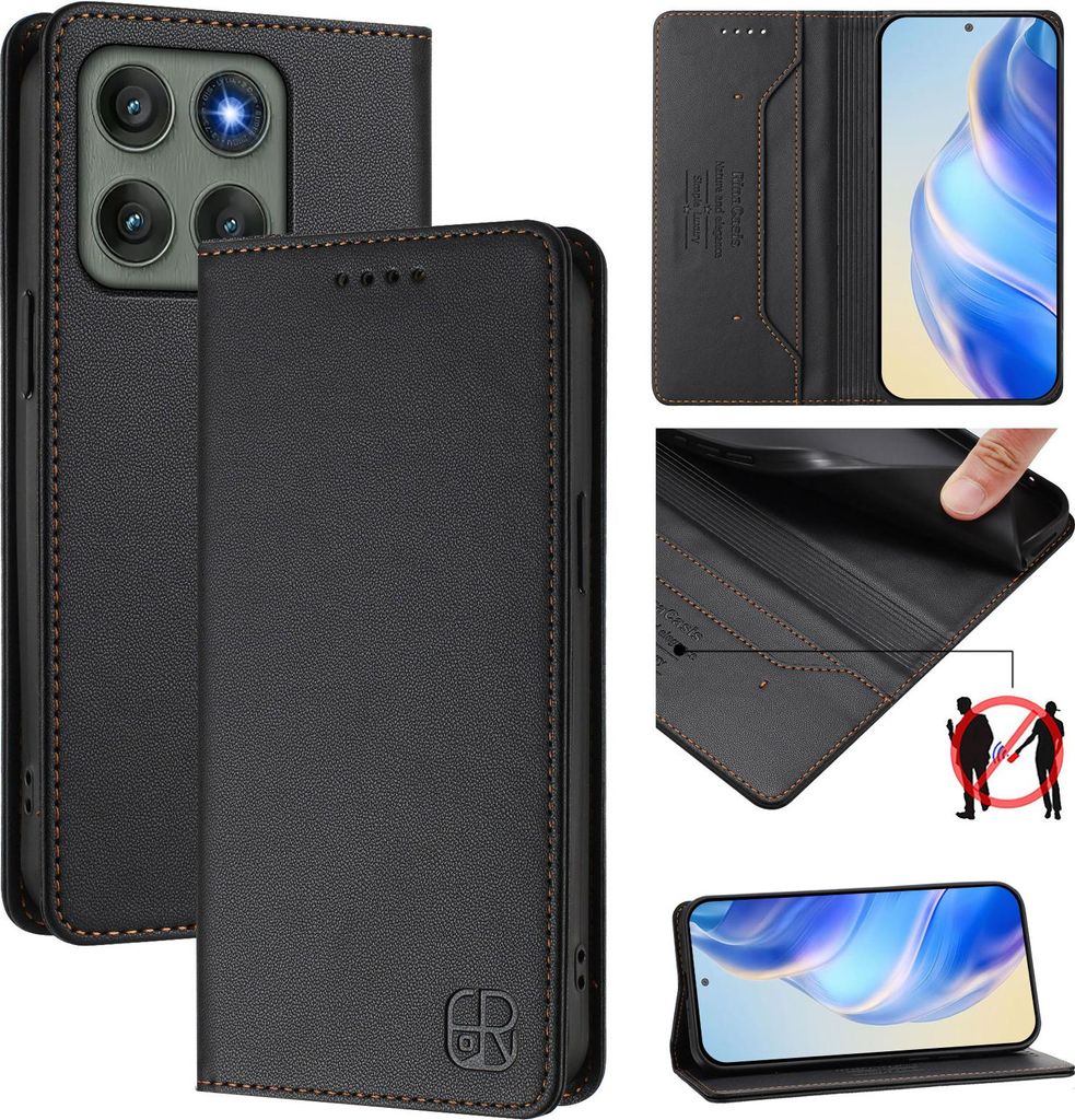 Lederhülle für Motorola Edge 60 Pro Hülle Flip Brieftasche Kartenfächern Ständer Schutzhülle Schwarz