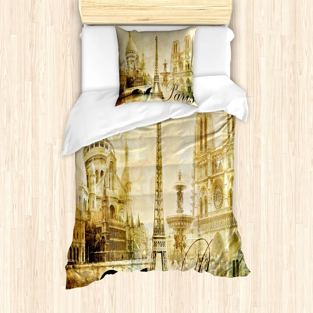 ABAKUHAUS Paris Set copripiumino per letti singoli, stile vintage con foto di monumenti, antiacaro e anallergico, con federa, 135 cm x 200 cm - 80 x 80 cm, beige pallido cammello