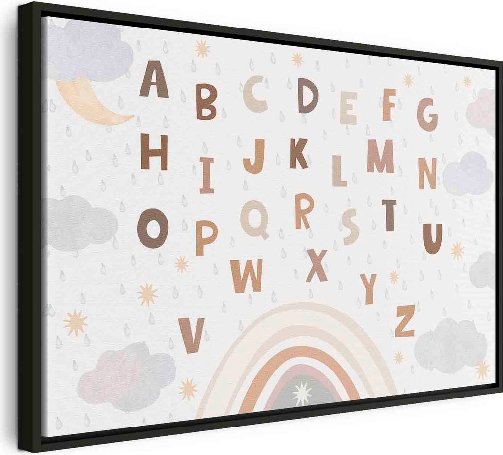 Italienischer Leinwand Leinwandbild - Letters Above the Rainbow - Letters Among Streams of Rain and Clouds with a Rainbow Moon and Stars on a Light...