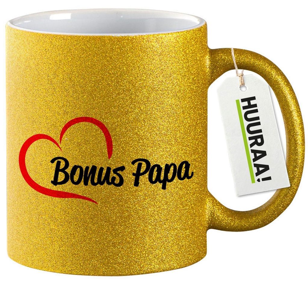 Huuraa Glitzertasse Bonus Papa Herz 330ml Gold Keramik Kaffeebecher Geschenkidee