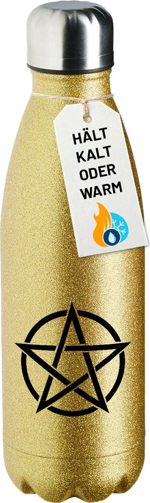 Huuraa Glitzerflasche Pentagramm Drudenfuß Geschenk 500ml Gold Wasserflasche Pentagramm Mitbringsel
