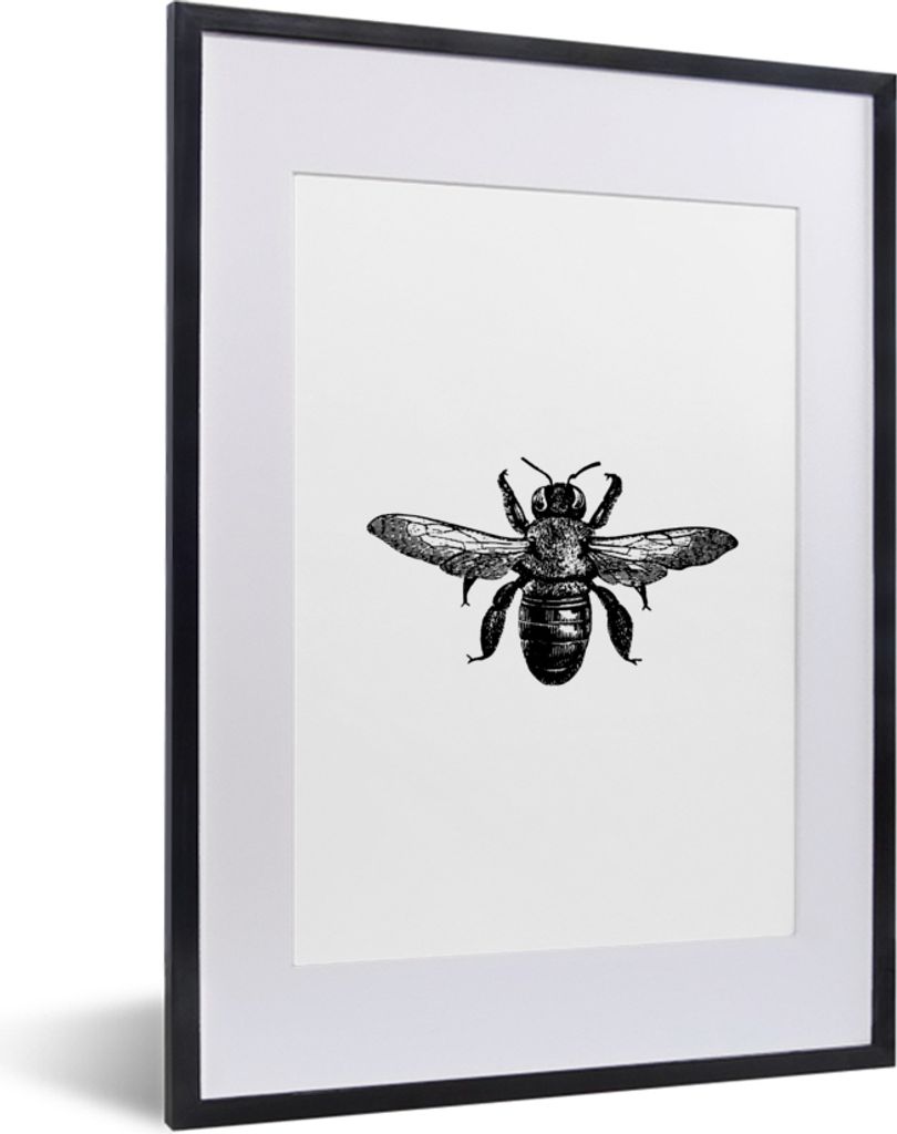 MuchoWow Gerahmtes Poster Biene - Insekt - Vintage - Schwarz und weiß 30x40 cm - Poster mit Schwarzem Bilderrahmen Wandposter Rahmen Foto Bilder...