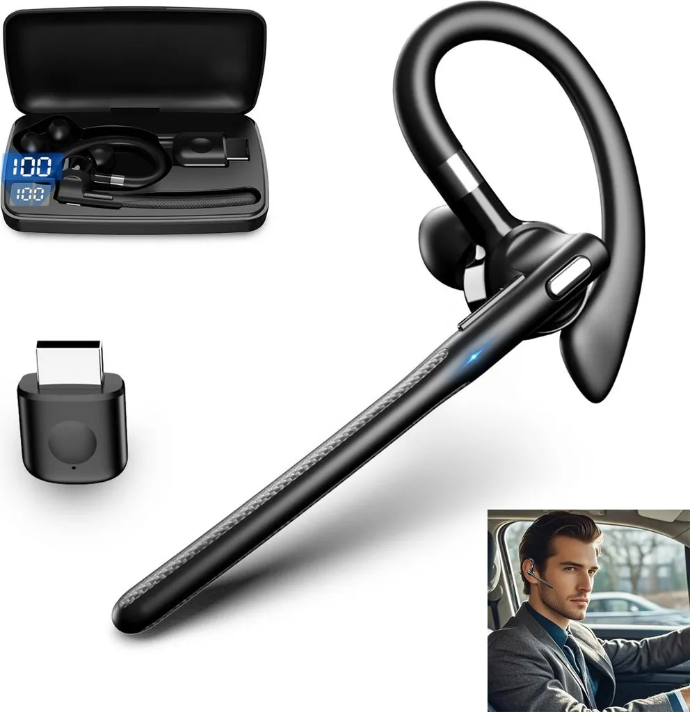Bluetooth 5.4 Kopfhörer mit Mikrofon, USB Adapter, Wireless Headset, 180h Standby, LED Ladebox, Schnellladung 1,5h, Freisprechen, Dual-Device, Busines