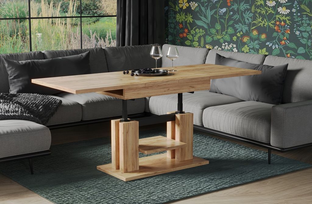 Endo-Möbel Couchtisch Iso 110-170cm Doppellift höhenverstellbar ausziehbar erweiterbar Funktionstisch (Craft Gold Eiche)