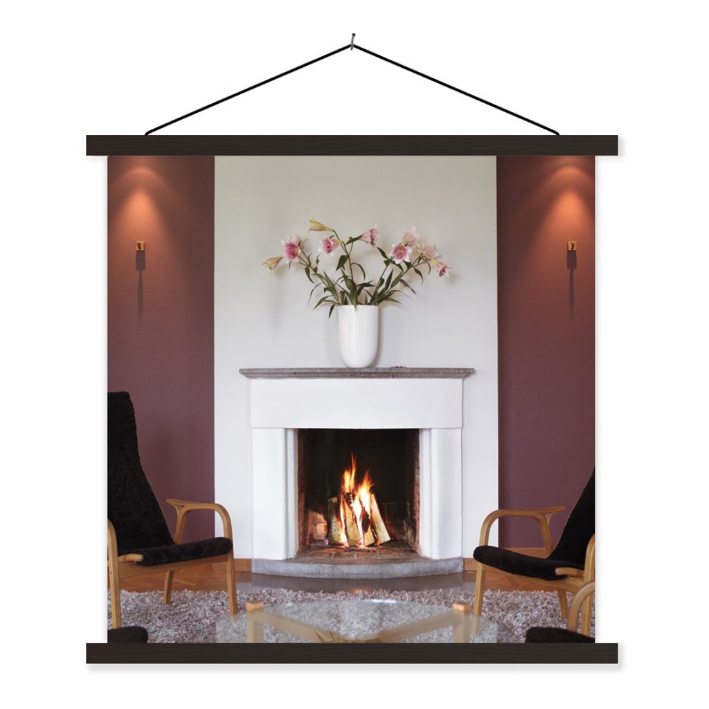 MuchoWow Textilposter Ein Kamin in einem Wohnzimmer 40x40 cm mit schwarzem Rahmen - Fotos