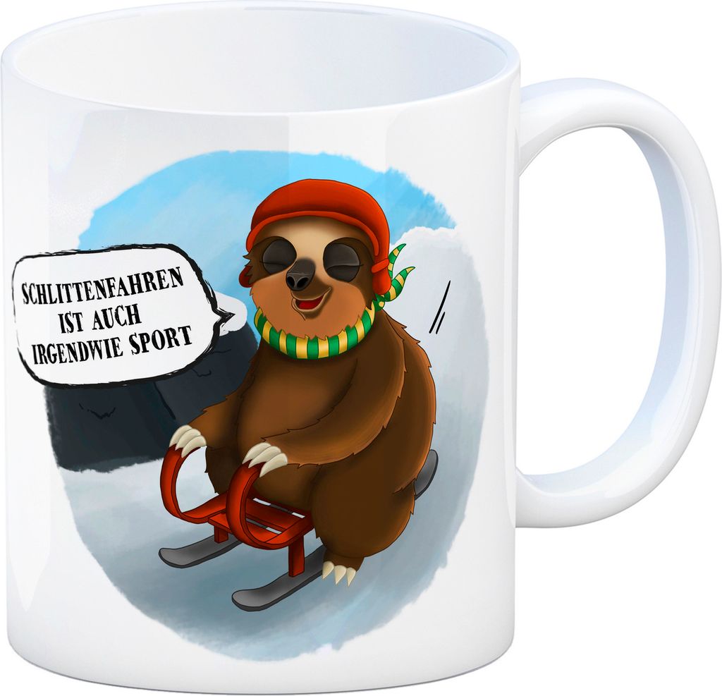 Kaffeebecher mit Faultier Schlitten Motiv Becher Tasse