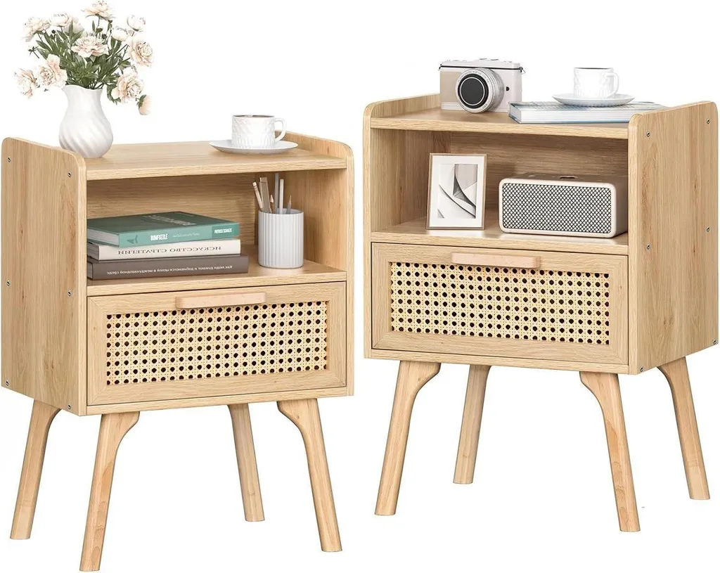 Table de chevet bois massif avec tiroir en rotin tressé, design 50cm haut