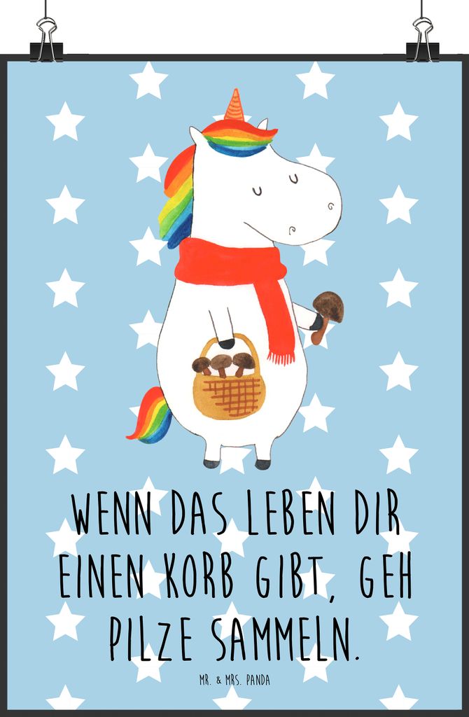 Mr. & Mrs. Panda Poster Einhorn Pilz DIN A2 - Blau Pastell - Geschenk, Liebeskummer, Unicorn, wanddeko, Pilze, drucke, Posterdruck, Einhörner, kun...