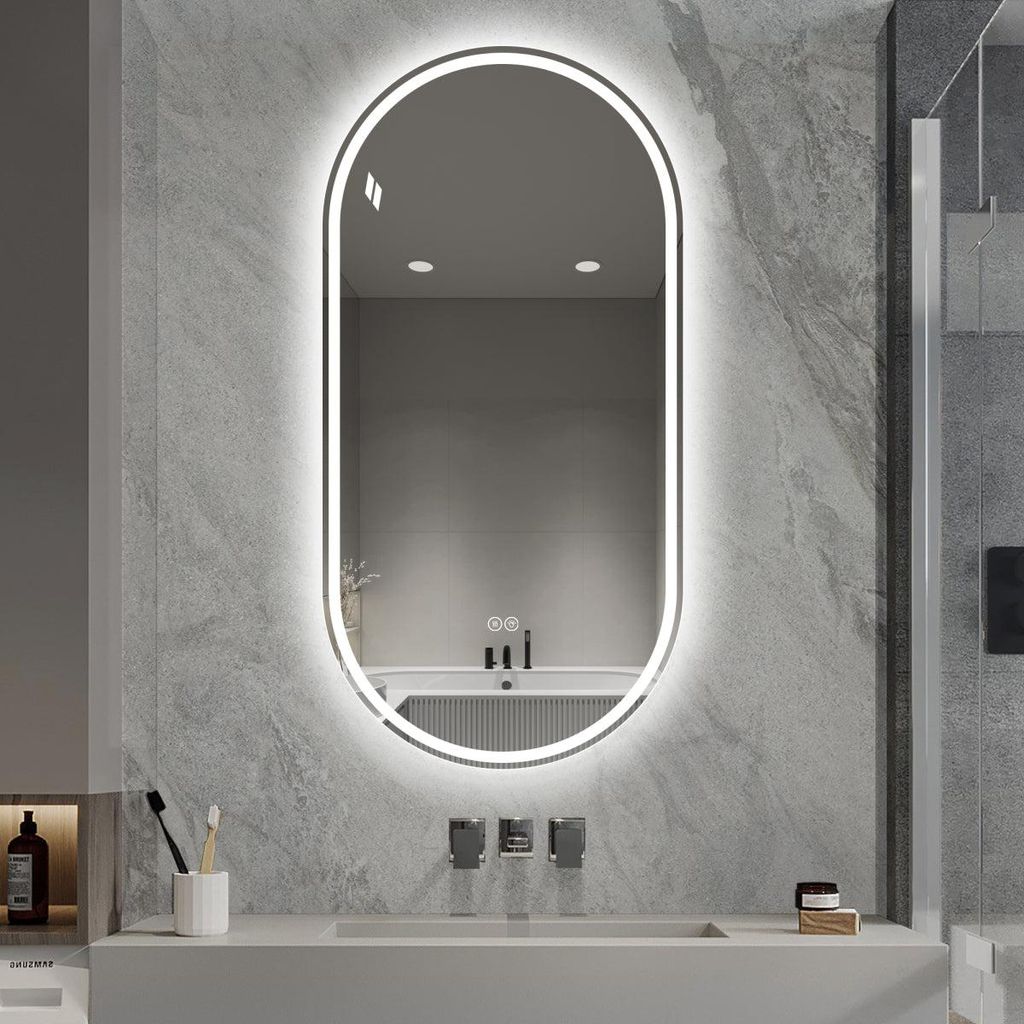 LED Badspiegel Oval 60x120 cm Rahmenlos Wandspiegel Smart Mirror Anti Beschlag Touch Screen Dimmbar Silber