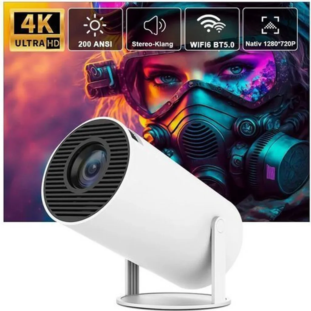 Mini projecteur 4K HD Android 11 blanc pour plafond et cinéma portable
