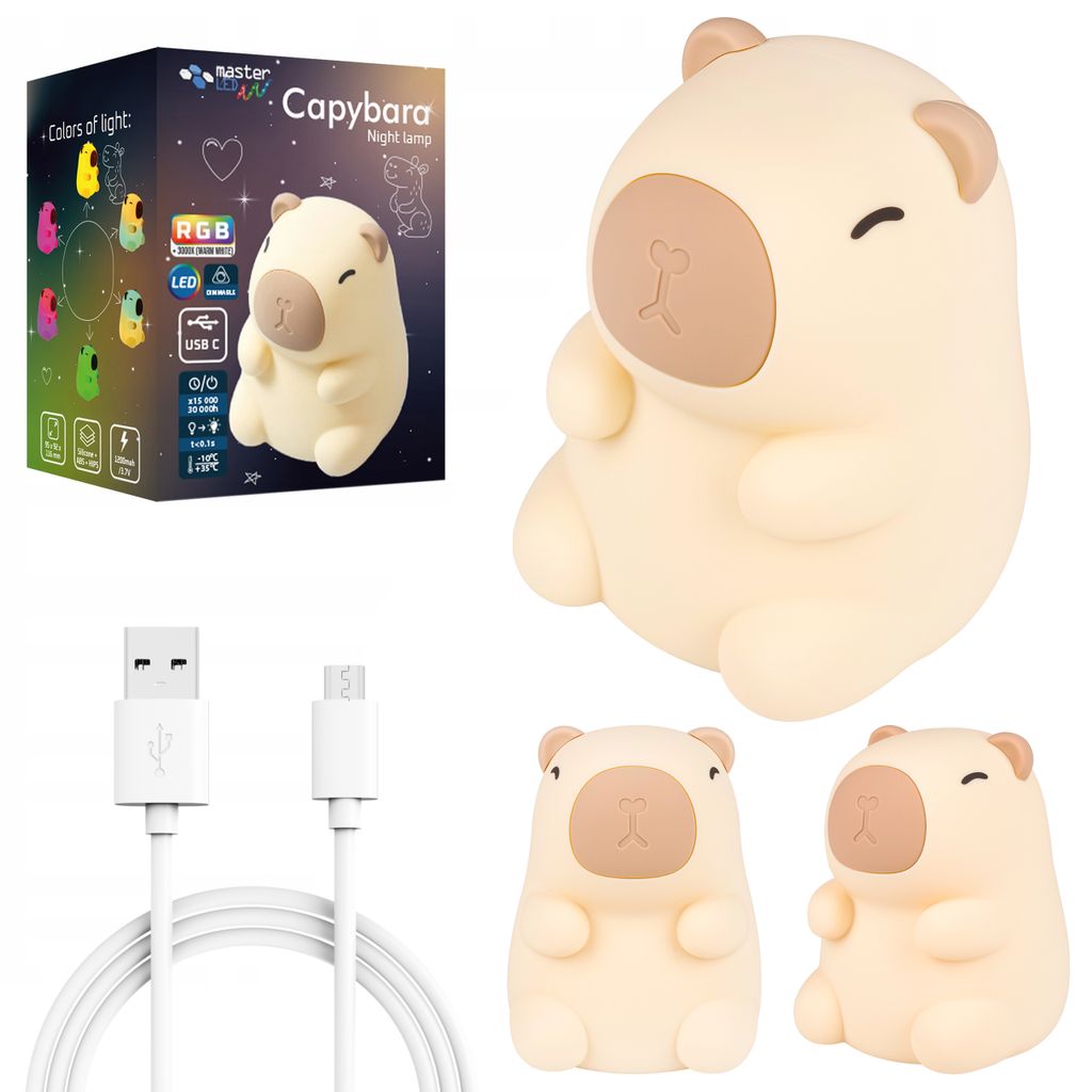 A collage of a capybara-shaped night light, its packaging, and charging cables.