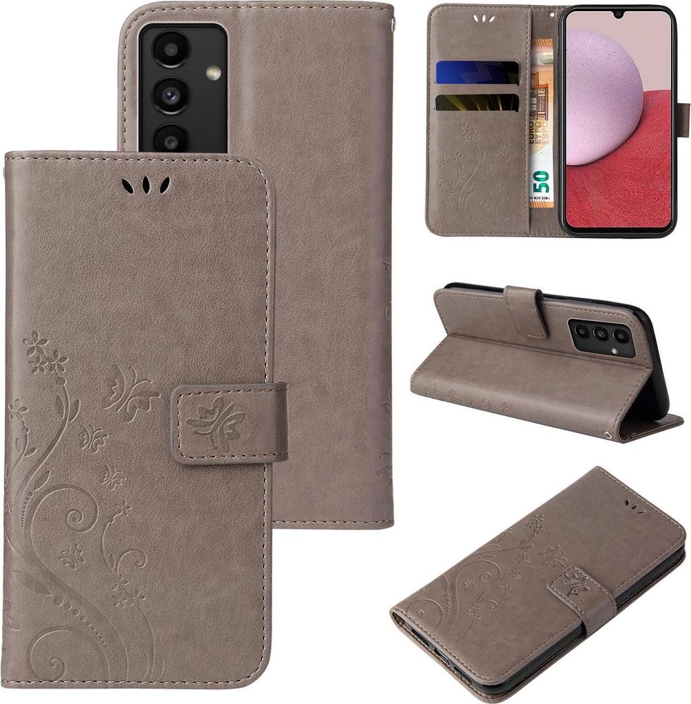 Handyhülle für Samsung Galaxy A14 / A14 5G Floral Blumen Schmetterling Flip Cover Hülle Case Klapphülle Handytasche Farbe: Grau