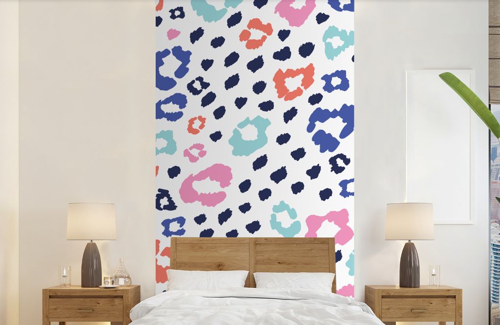 MuchoWow Fototapete für Wohnzimmer oder Schlafzimmer Wandtapete Vinyl Motivtapete Panther Druck - Pastell - Farben - 120x240 cm - Hintergrundbild
