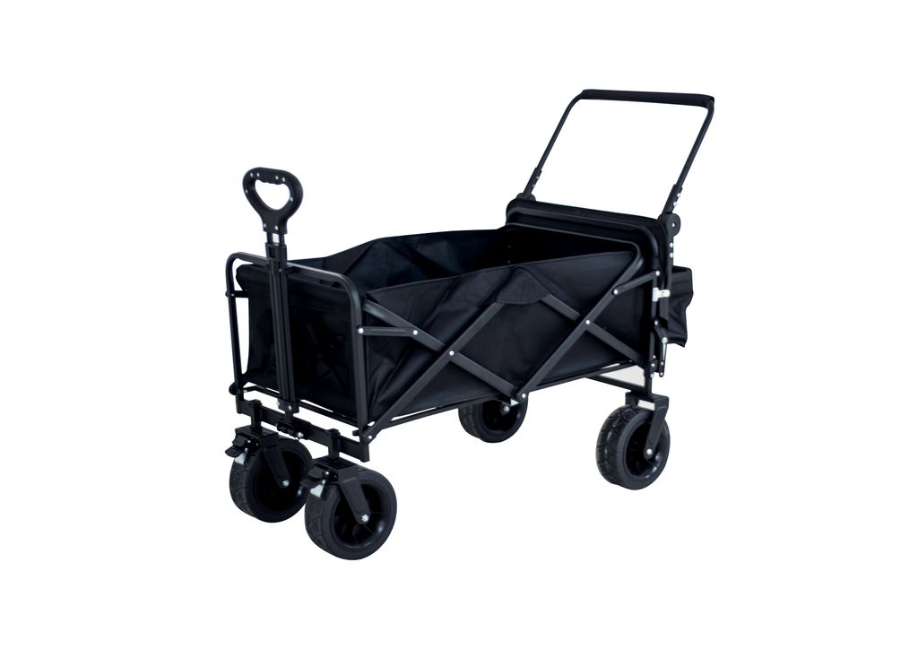 A black foldable outdoor wagon with extra-wide off-road tires is shown against a white background.