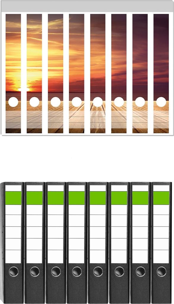 Wallario 8 Stück schmale Ordner inkl. Klebeetiketten mit Motive Steg am See - Sonnenuntergang und roter Himmel - Set mit Rückenschildern / Ordner...