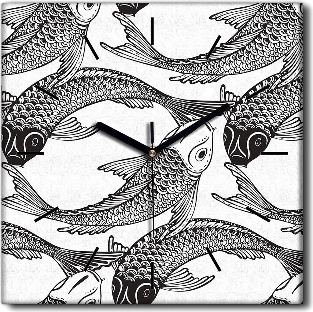 Coloray Uhr auf Leinwand 30x30 cm Wand Uhr Dekoration Wohnzimmer Segeltuch schwarze Hände -Japanischer Koi Karpfenfisch