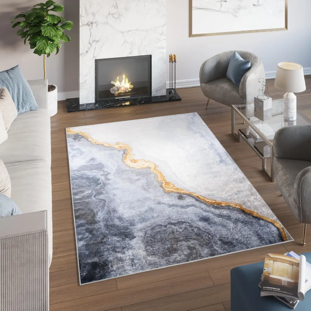 Tapis Décoratif Salon Gris Or 140x200 cm TOSCANA Idéal pour Sol Chauffant