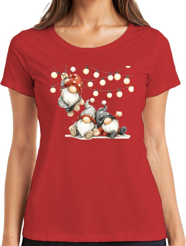 Weihnachtswichtel Lichterkette niedlich skandinavisch Geschenk Damen T-Shirt, Rot, XL