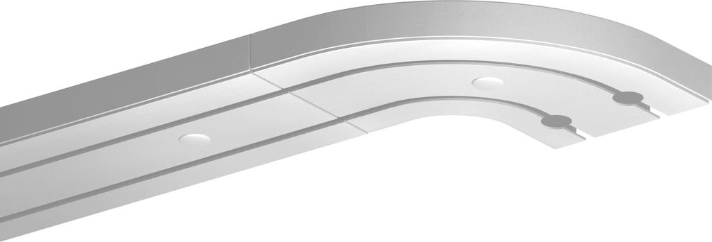 A close-up, angled view of a white and gray curved curtain rail system against a white background.